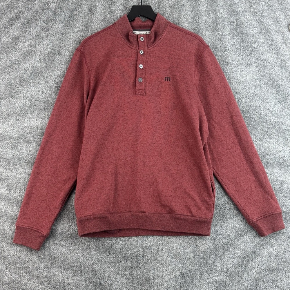 Travis Mathew Henley Sweater Mens L Red Ribbed Mocked Neck Golf Cotton Blend